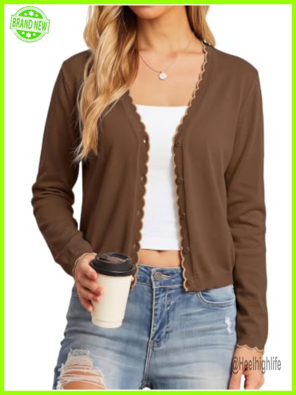 Womens V Neck Button Down Cardigan Lightweight Soft Knit Wavy Trim Sweater